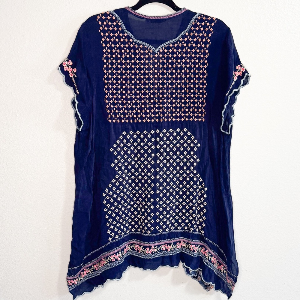 Johnny Was Moji Navy Floral Embroidered Short Sleeve Ruffle Tunic - Picture 9 of 9